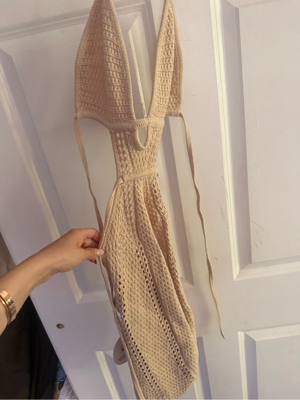 Neutral Crochet Backless Halter Dress - Beige